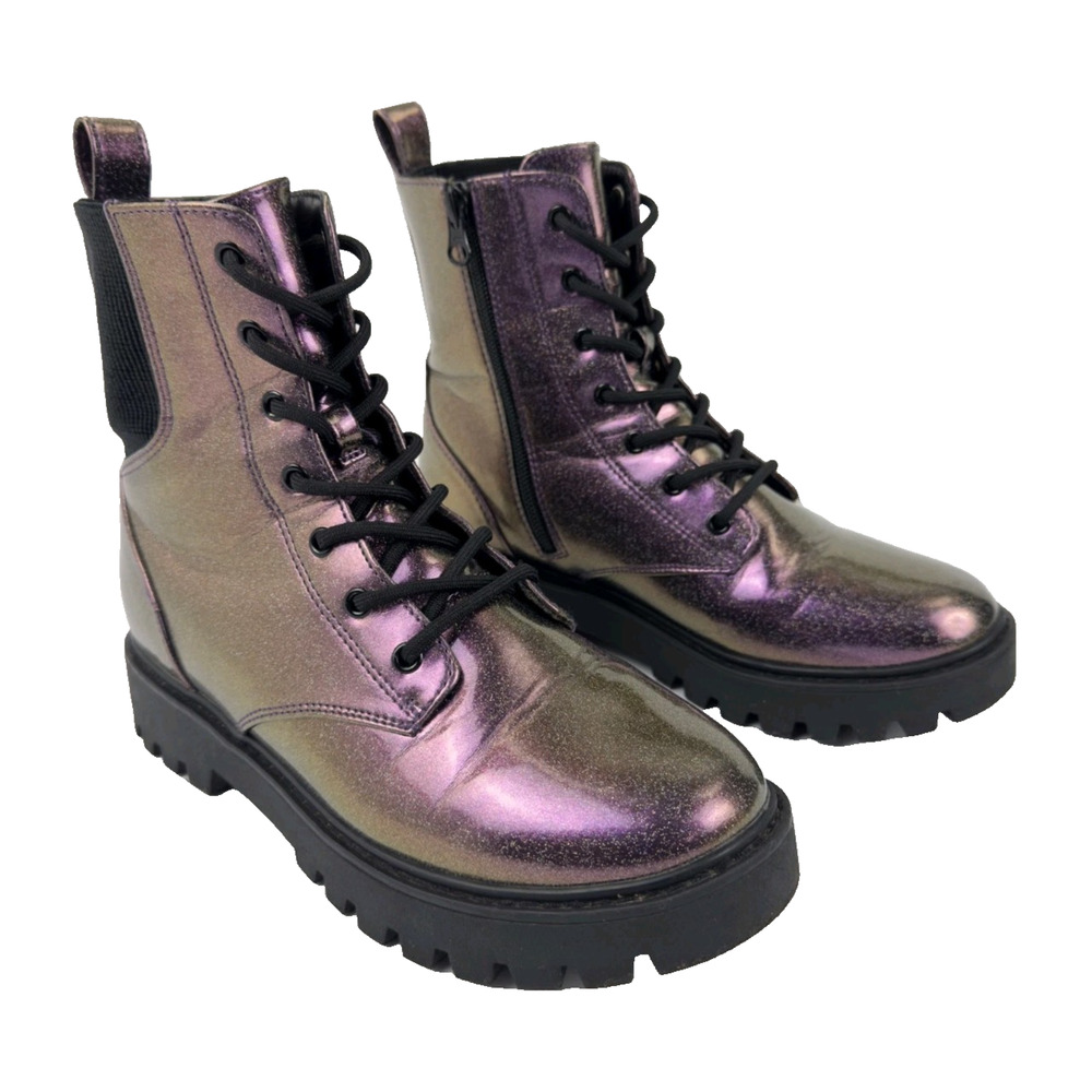 Women’s Iridescent Metallic Combat Boots Lace-Up Platform Size 5
